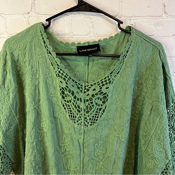 LANE BRYANT Green Embroidered Top Size 14/16 Cotton Short Sleeve Tie Front Boho - Picture 2 of 10